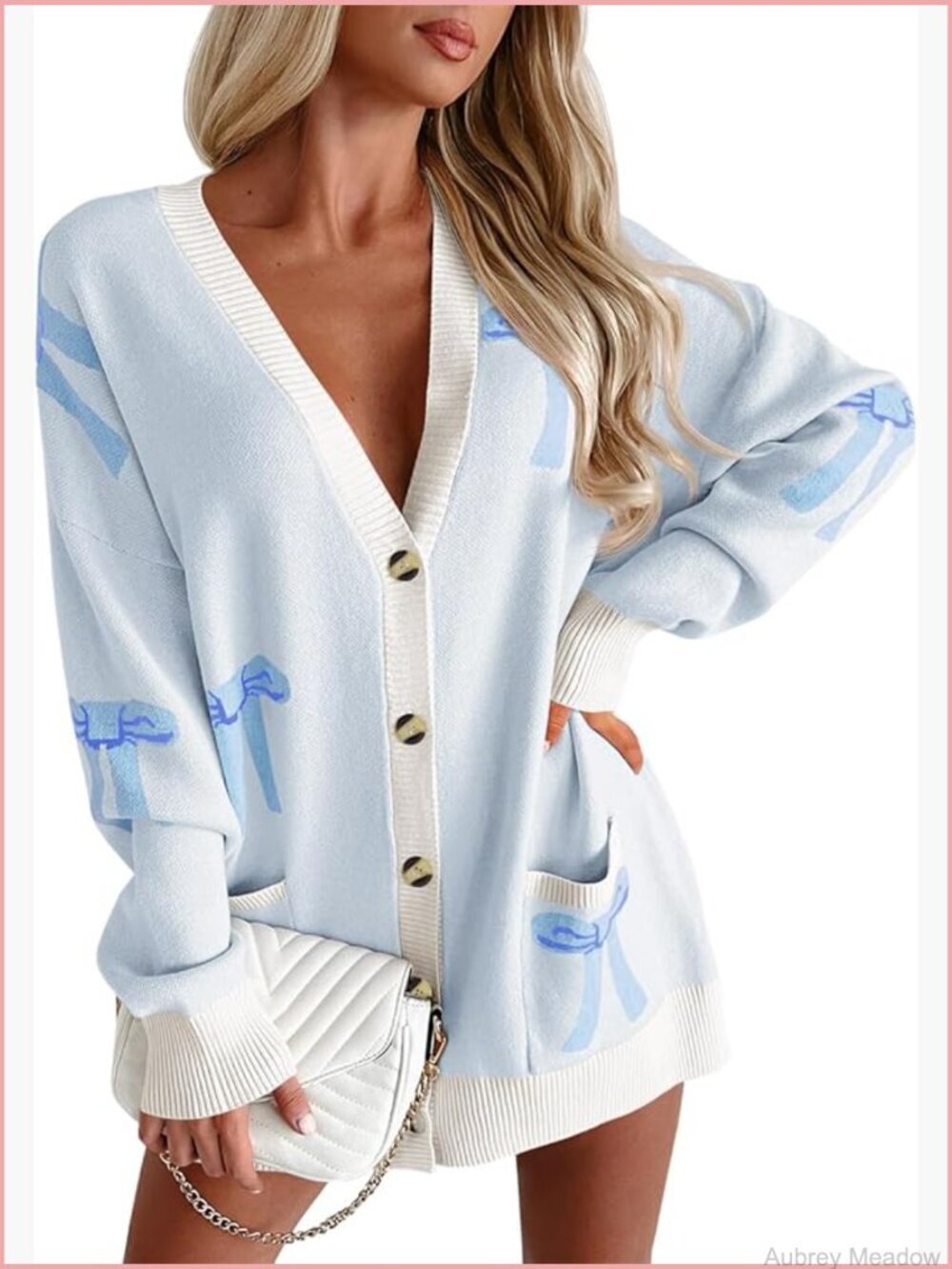 Oversized Cardigan Sweater Bow Print Button V Neck Long Sleeve Loose Knit Fall